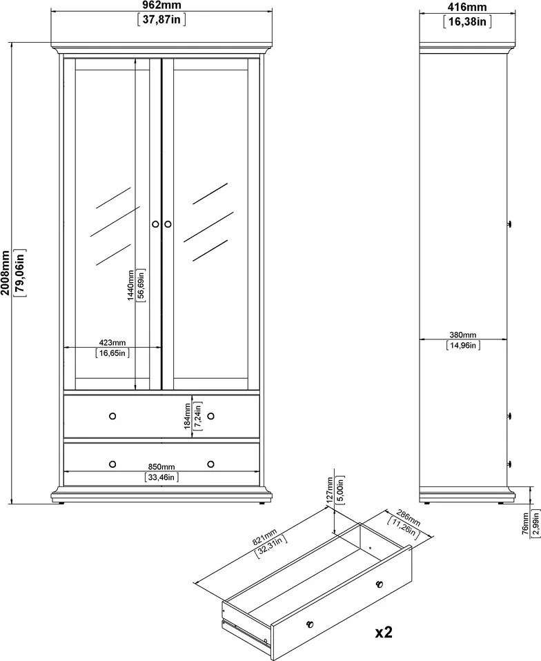 Dwudrzwiowa witryna z szufladami Paris, kolor szary