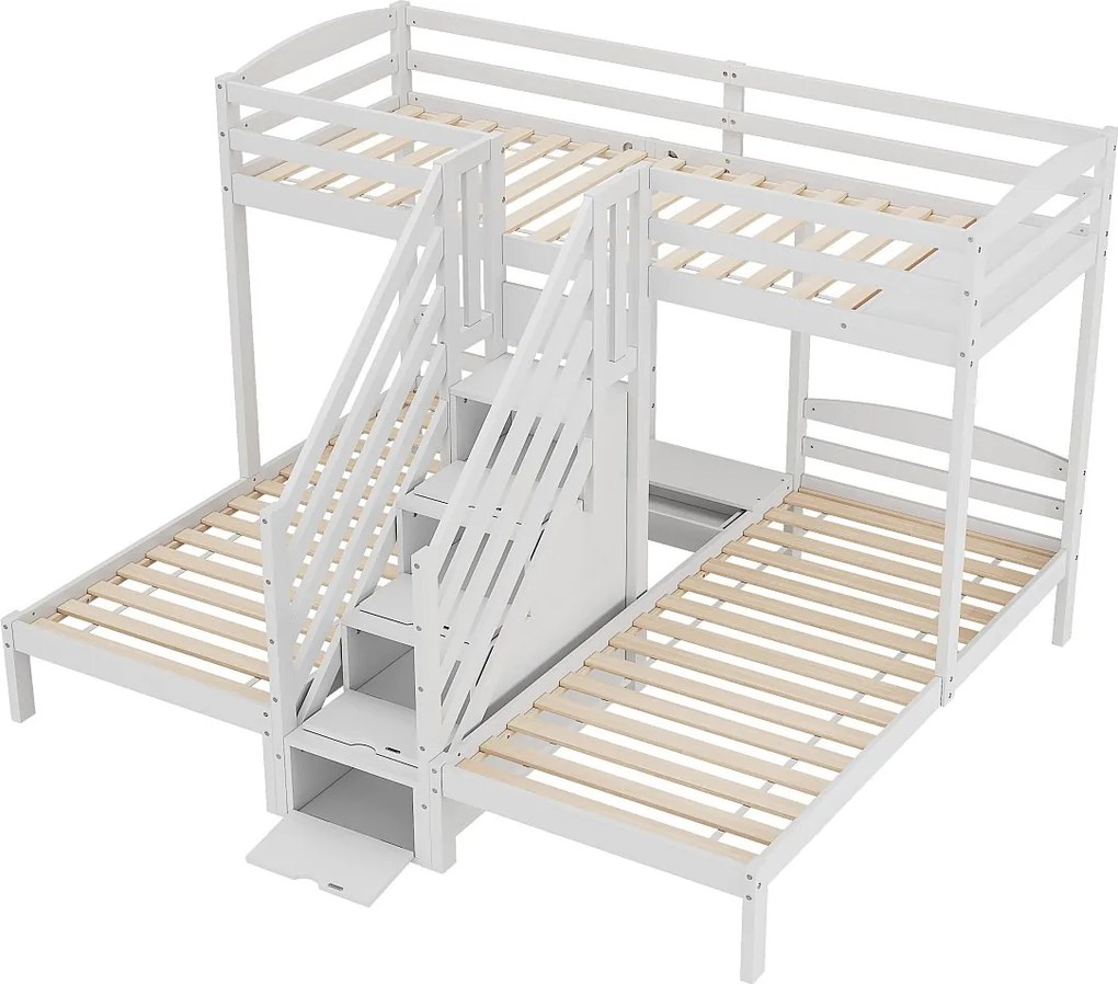 Łóżko piętrowe 90x200 cm - 3 miejsca do spania - schody z miejscem do przechowywania - z 4 szufladami - z barierką - biały