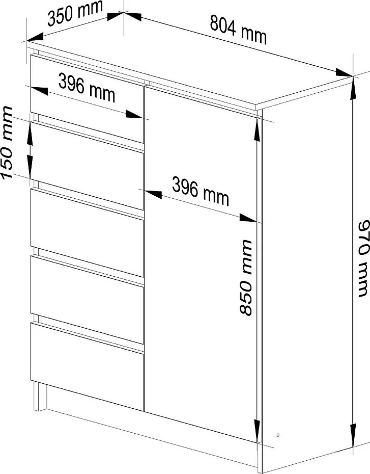 Komoda AKORD K80 Biała 80 cm 1 drzwi 5 szuflad kolor Biały mat 3 półki 80x35x97 cm