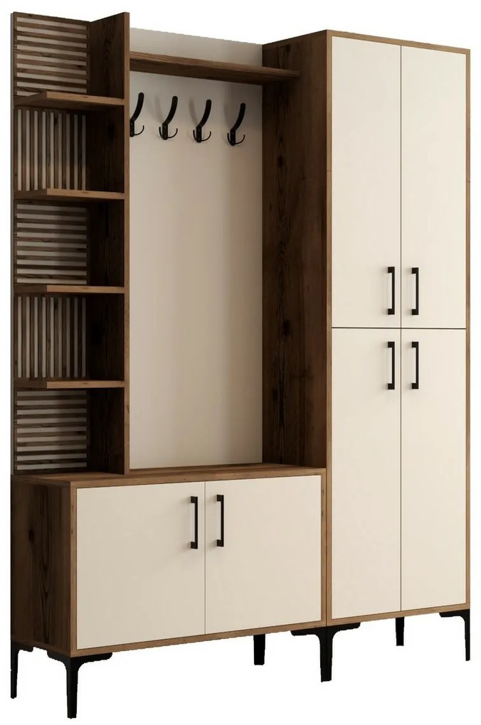 Wieszak z półką na buty, półkami i szafką Viyana Walnut and Cream