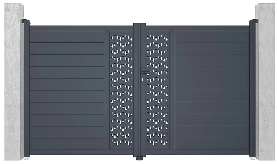 Skrzydłowa, elektryczna, pół-perforowana aluminiowa brama z wzorem Dł.305 x Wys.181 cm antracytowa GREGOR