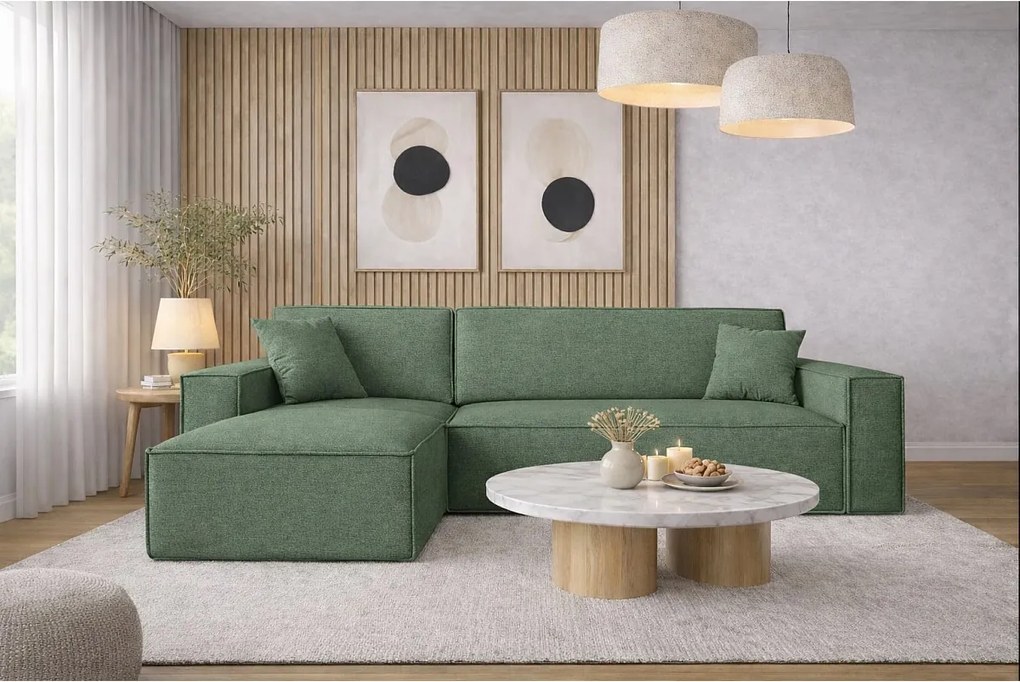 Narożnik BEST L z funkcją spania i pojemnikiem, tkanina Neve, Zielony, Lewy