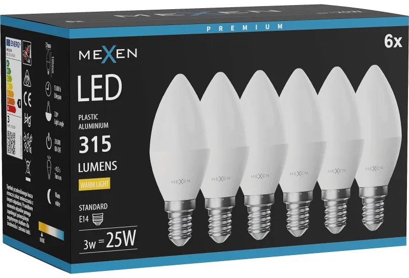 Mexen Nova 6x żarówka LED E14, C37, 3W, Ciepła - 3000K, 315 lm - L102-E14-0330-01x06