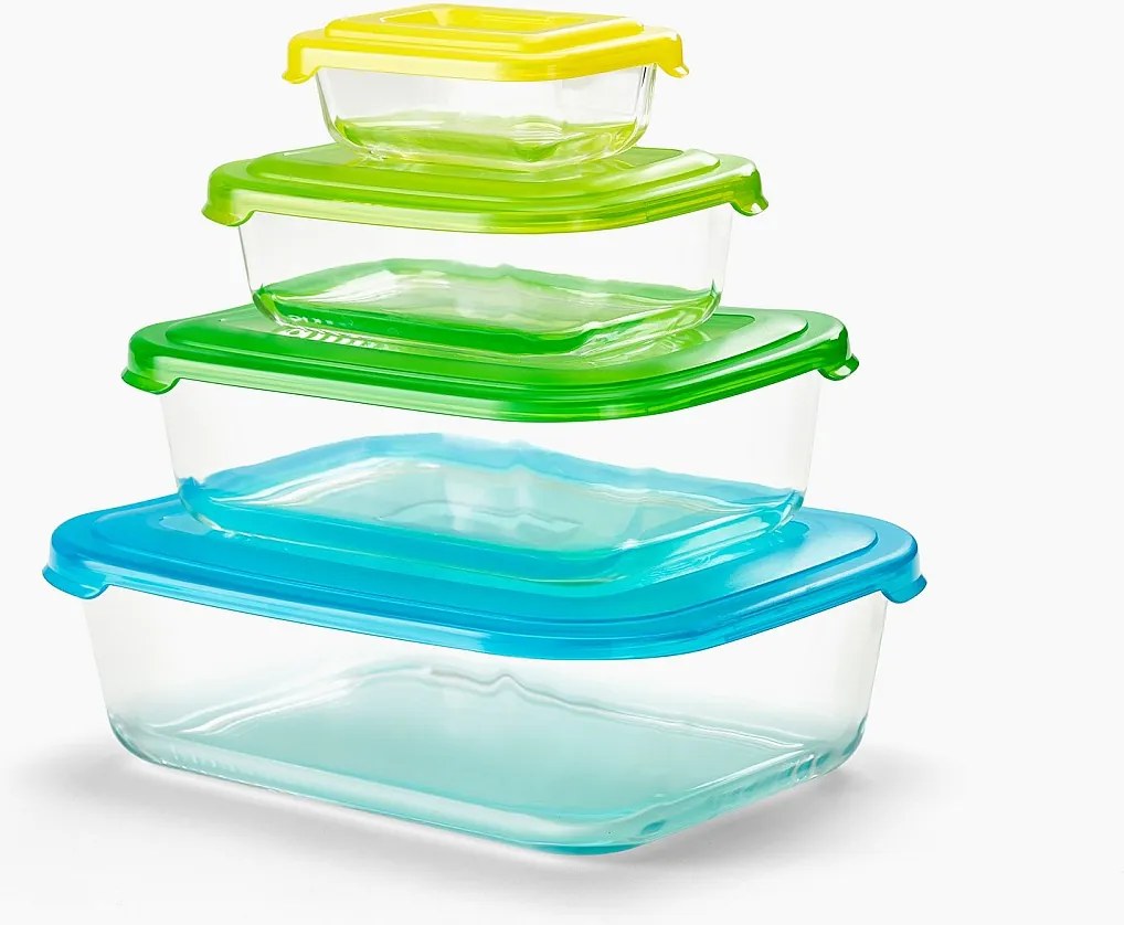 Nest™ Glass Storage od Joseph Joseph, zestaw 4 pojemników szklanych do układania z hermetycznymi pokrywkami, pojemność 230 ml do 1,85 L, nadaje się do mikrofalówki