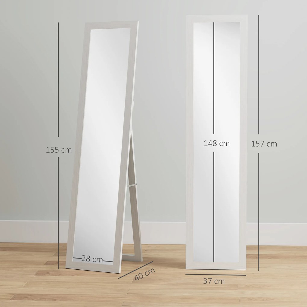 HOMCOM Lustro stojące, lustro całopostaciowe z podpórką, wolnostojące lustro ścienne, 37 x 157 cm, biały