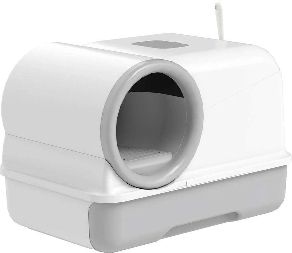 PawHut Kuweta z pokrywą, łopatka, wysuwana taca, 2 wkłady z węglem aktywnym dla kotów do 5 kg 59x39,5x39,5 cm Biały+Szary | Aosom PL