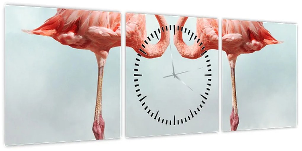 Obraz dwóch flamingów (z zegarem) (90x30 cm)