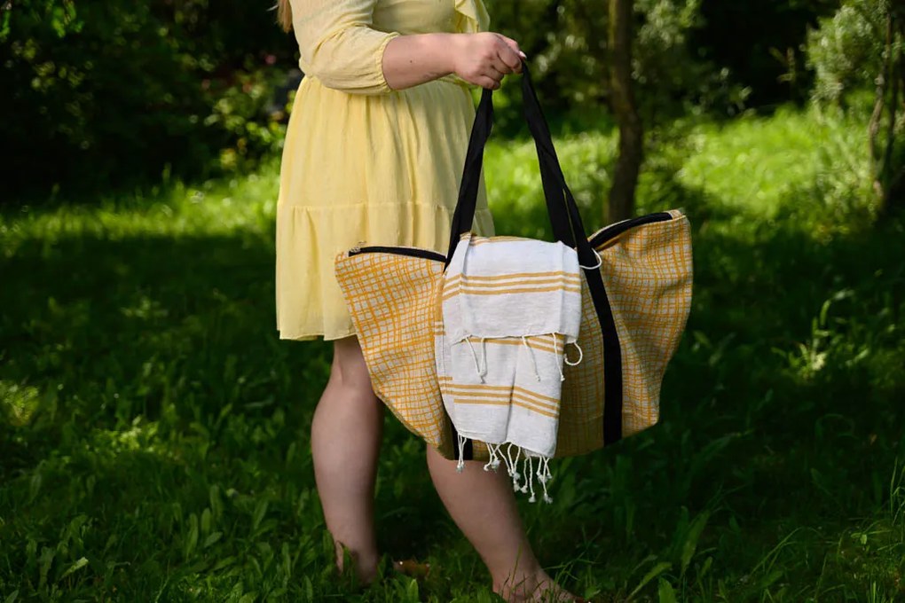 Stylowy komplet torba plażowa + ręcznik HAMAM 75x150 cm ochra żółta