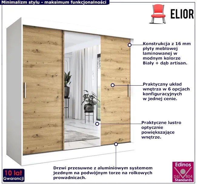 Szafa przesuwna  biały + dąb artisan 200 cm - Massi 6X