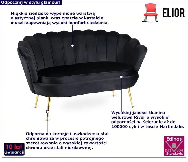 Czarna welurowa sofa w stylu glamour P7-L41