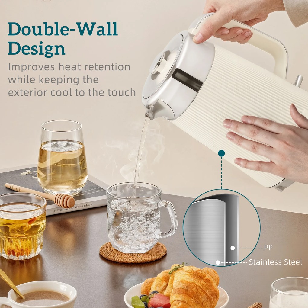 HOMCOM 2200 W, 1,7 l czajnik z funkcją szybkiego gotowania, filtrem przeciwkamiennym i 4-kromkowym tosterem z 7 stopniami zarumienienia, kremowo-biały | Aosom PL