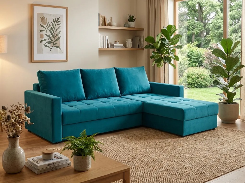 Niebieska rozkładana sofa narożna ZENOVA 220x140 cm, dwustronna