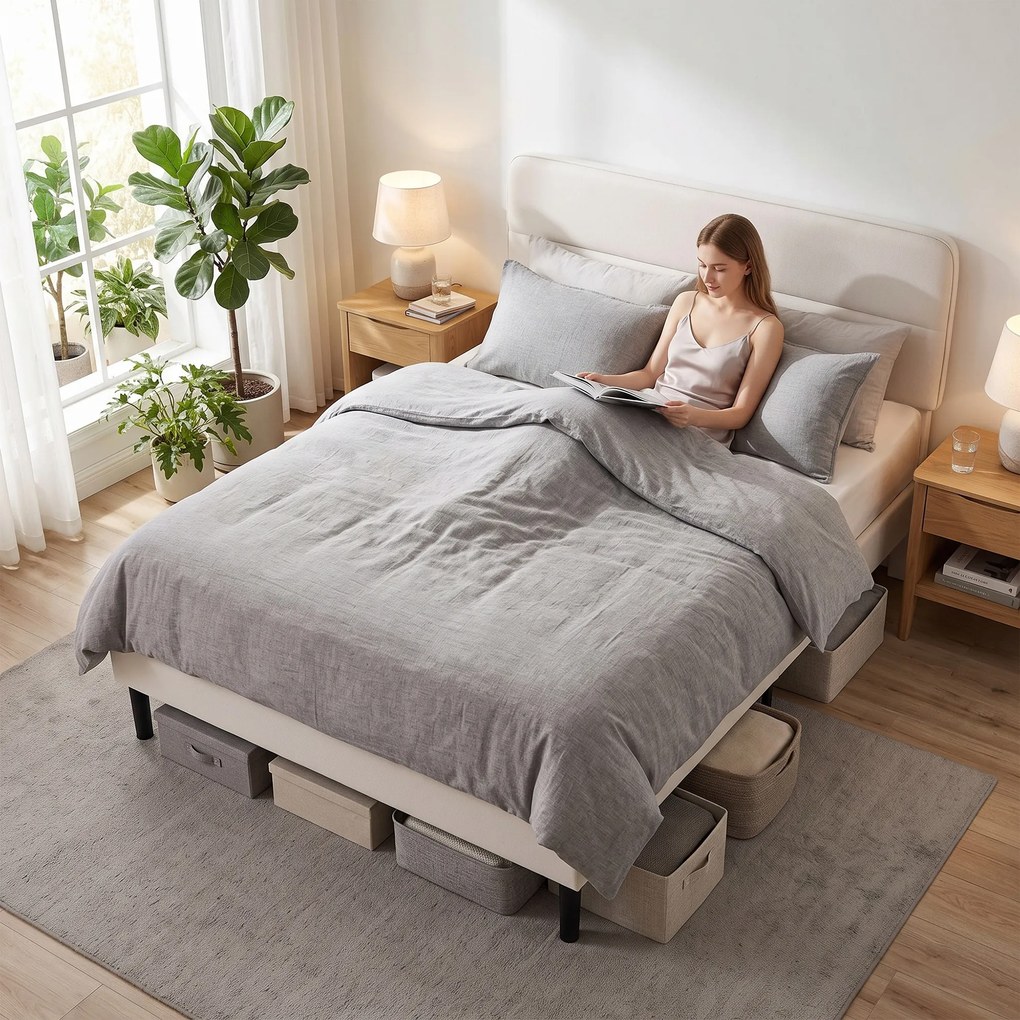 HOMCOM Rama łóżka 140 x 200 cm z regulowanym wezgłowiem, tapicerowane łóżko w wyglądzie lnu z 12 listwami ze sklejki, beżowy | Aosom PL