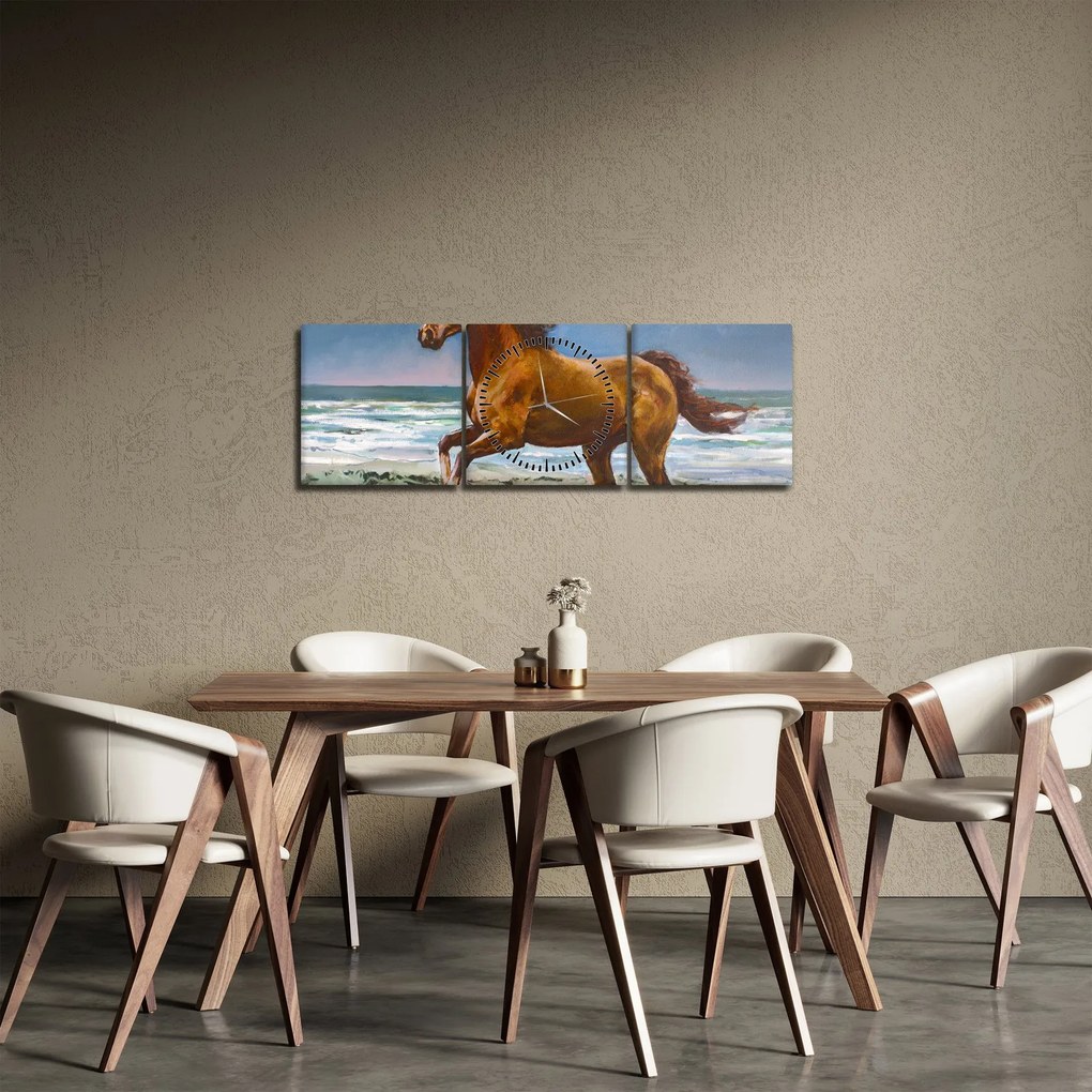 Obraz konia na plaży (z zegarem) (90x30 cm)
