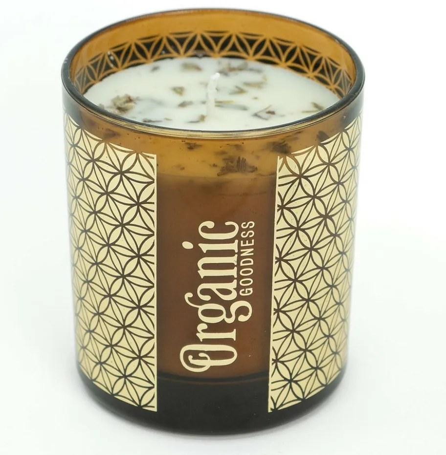 Organiczna świeca kadzidlana Frankincense &Myrrh 200 g w szklanym pojemniku ze złotą folią