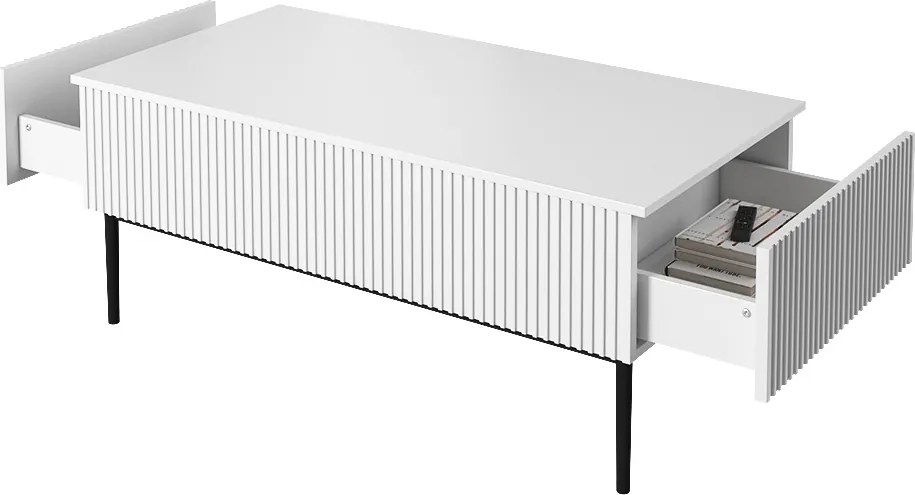 Stolik kawowy Nicole 120 cm z szufladami i metalowymi nogami - biały mat / czarne nóżki