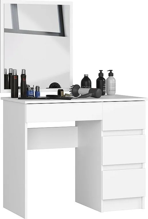 Toaletka AKORD T6 Biała 90 cm z lustrem 500x600 prawa 4 szuflady kolor Biały mat 90x50x142 cm