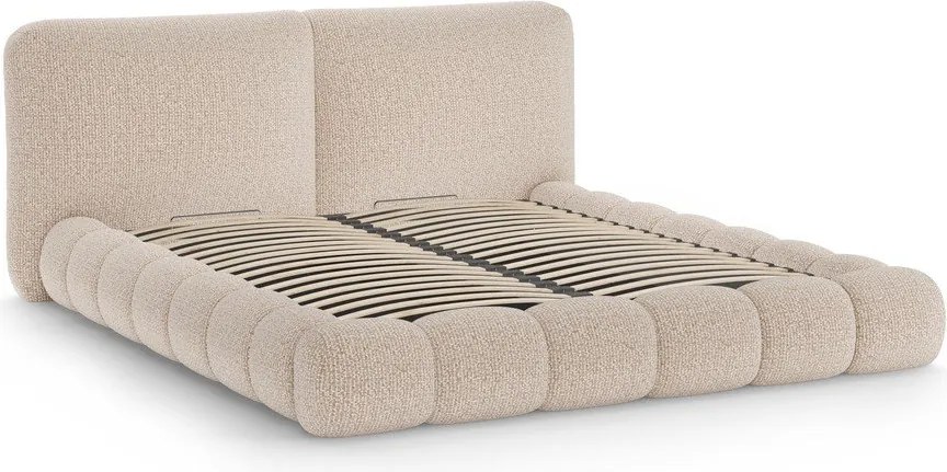 Szarobeżowe tapicerowane łóżko dwuosobowe ze schowkiem ze stelażem 160x200 cm Solange – Micadoni