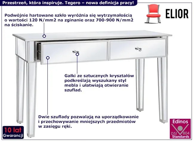 Wąskie szklane biurko z szufladami w stylu glamour czarna