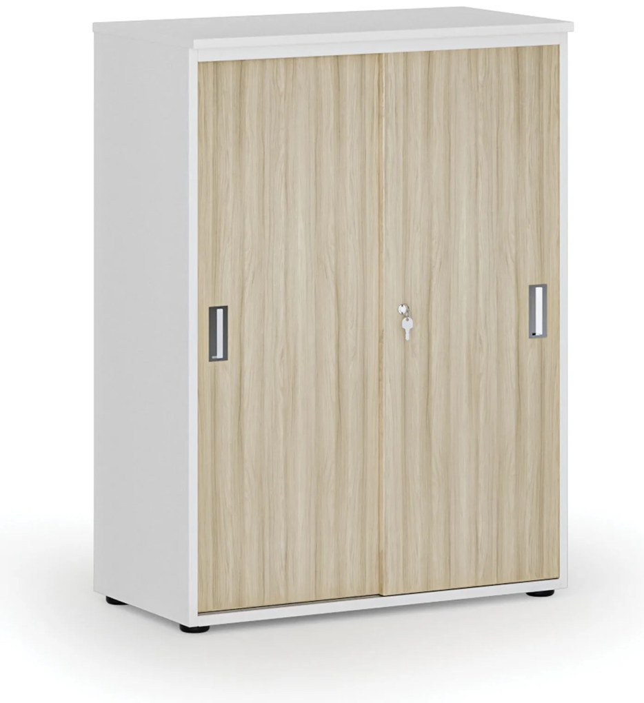 Szafa biurowa z drzwiami przesuwnymi PRIMO WHITE, 800 x 420 x 1087 mm, biały/dąb naturalny