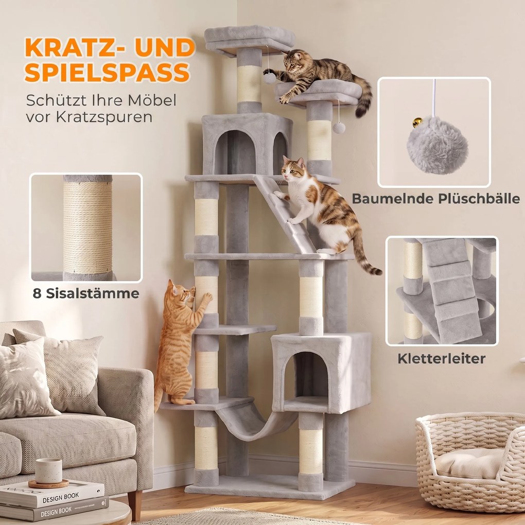 PawHut Drapak 204 cm drapak dla kota z kryjówkami i drabinką wielopoziomowy drapak dla 1–3 kotów po 6 kg jasnoszary | Aosom PL