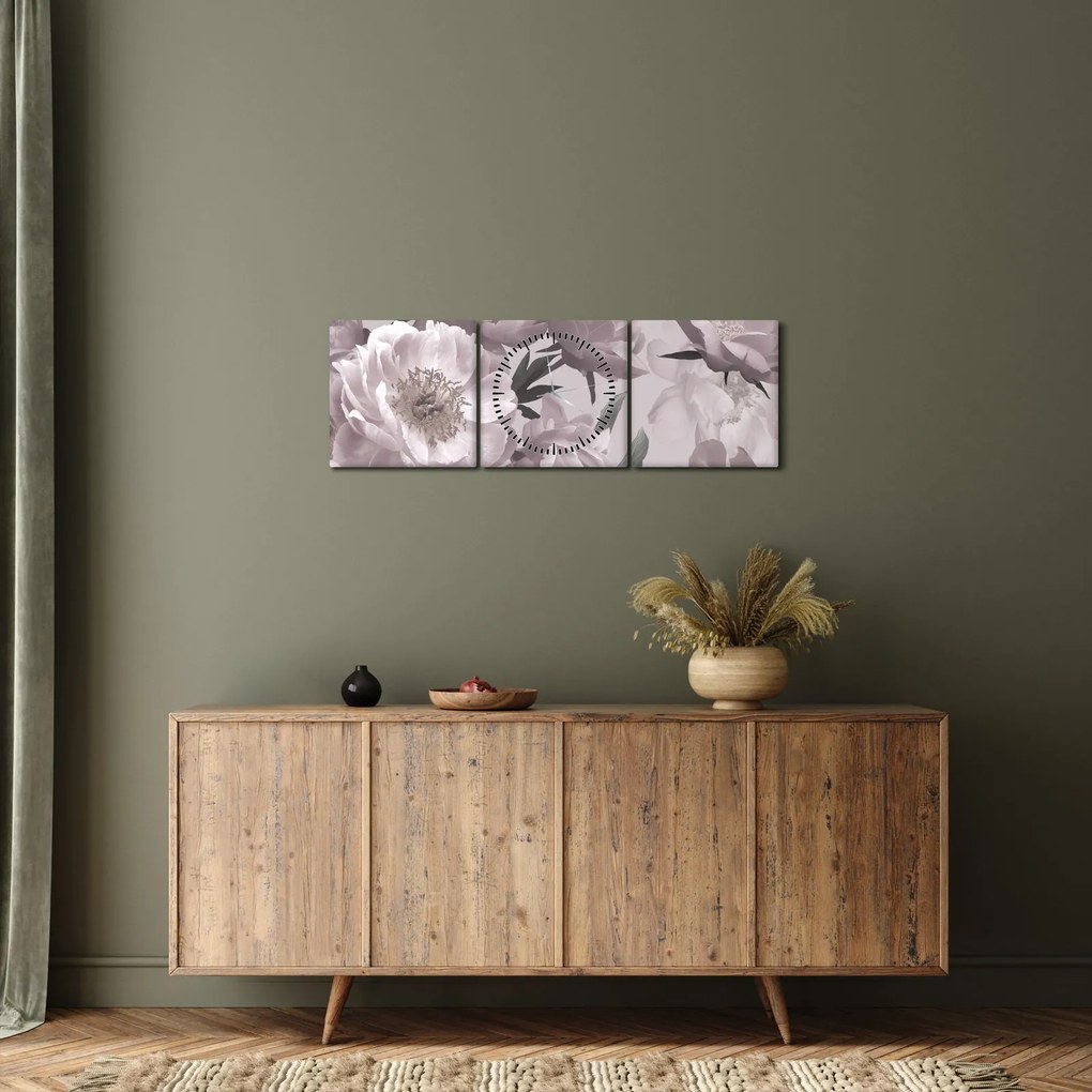 Obraz - Vintage kwiaty piwonii (z zegarem) (90x30 cm)