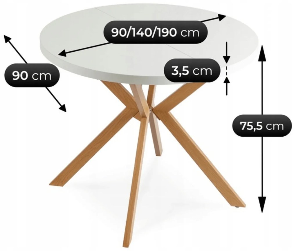 Stół Okrągły Rozkładany LUGO 90-190 cm Biały/Dąb Skandynawski