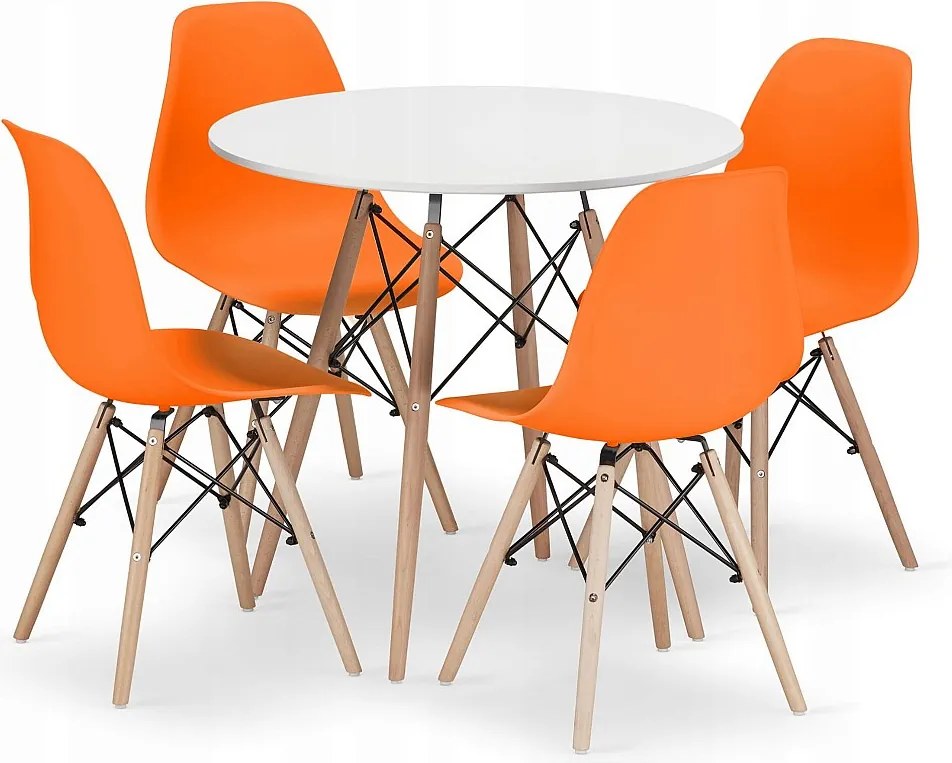 Zestaw stołowy Valora KOVA 80, nowoczesny biały okrągły stół + 4 pomarańczowe krzesła