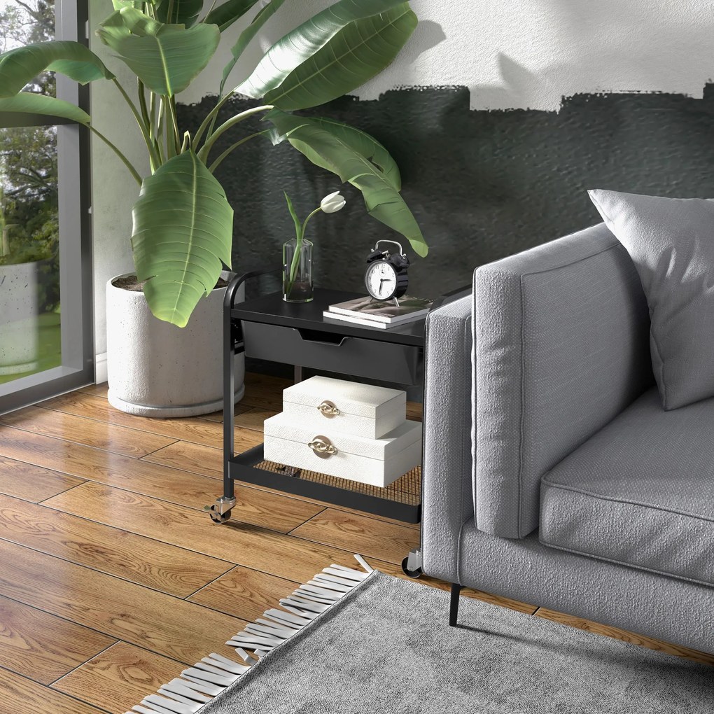 HOMCOM Wózek wielofunkcyjny z 1 Szufladą, 1 Półką, 4 Kółkami, Wózek Kuchenny, Czarny | Aosom PL