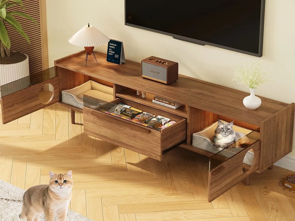 Nowoczesna szafka TV 180x40x50 cm - miejsce wypoczynku dla zwierząt - z oświetleniem LED - 1 szuflada i 2 drzwi - kolor naturalny