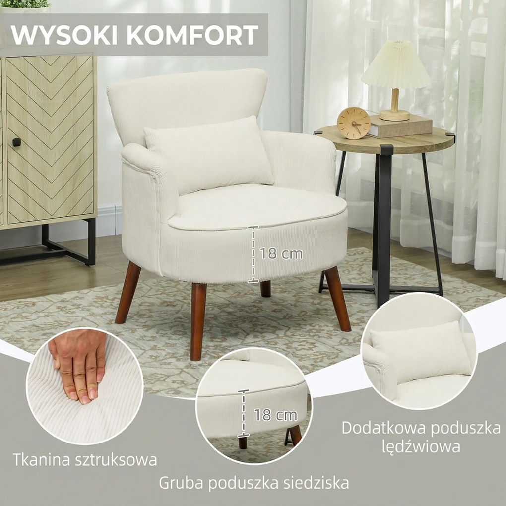 HOMCOM Nowoczesny Fotel z Podłokietnikami, Tapicerowany Akcentowy Fotel z Poduszką Lędźwiową, Nogi z Drewna Kauczukowego, Kremowy | Aosom PL