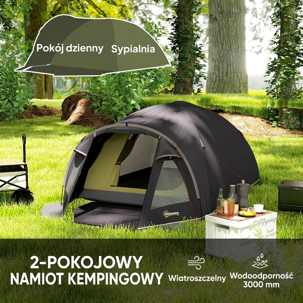 Outsunny Lekki Namiot Campingowy dla 4 Osób UV 50+ - Tunelowy, Czarny z Przedsionkiem, Bocznymi Drzwiami i Oknami