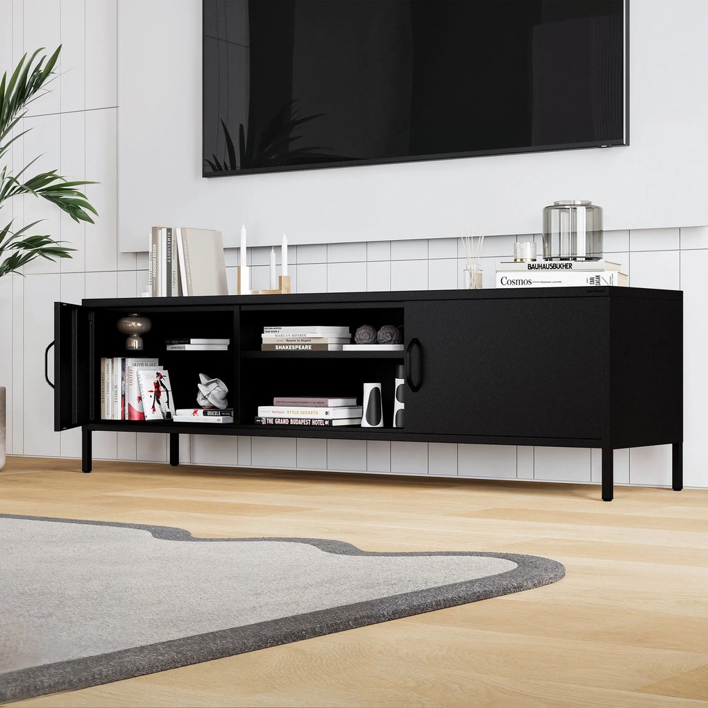 Szafka RTV metalowa szeroka XL na nóżkach czarna, 1700x400x500 mm: ROSARIA