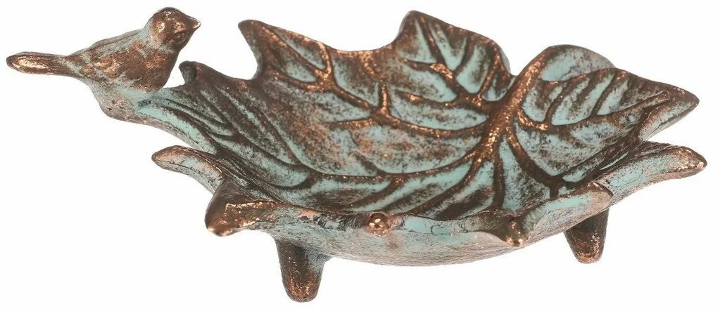 Metalowa pićka Liść klonu z ptaszkami Romance, 17x 16 x 6 cm, miedziana