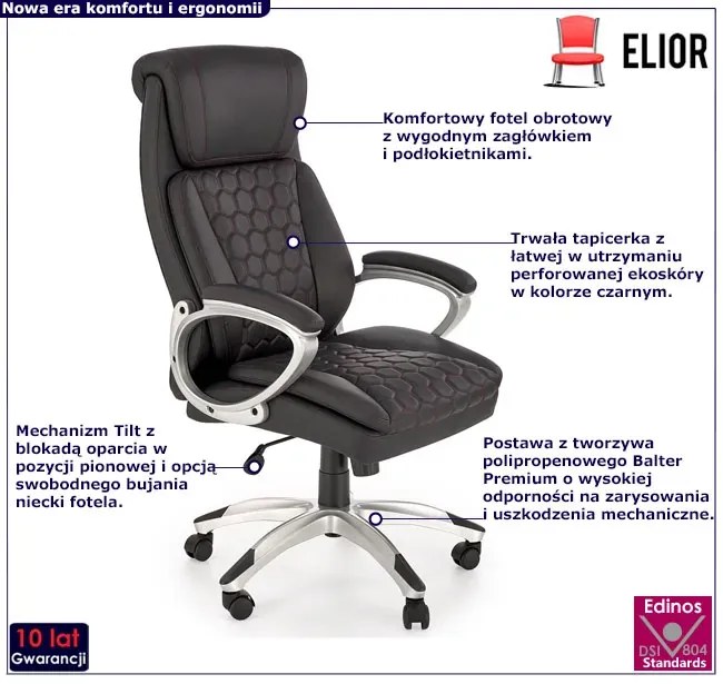 Czarny fotel obrotowy tapicerowany perforowaną ekoskórą - Efro
