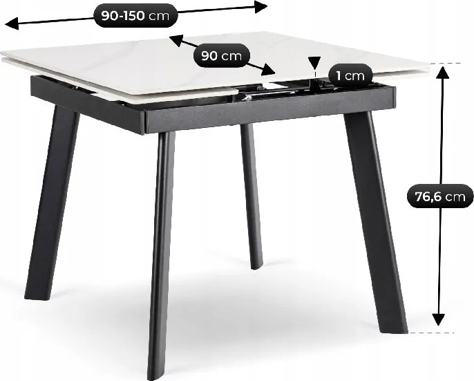 Stół Rozkładany Kwadratowy LARES 90-150 cm Ceramiczny Biały Marmur/Czarny Nowoczesny