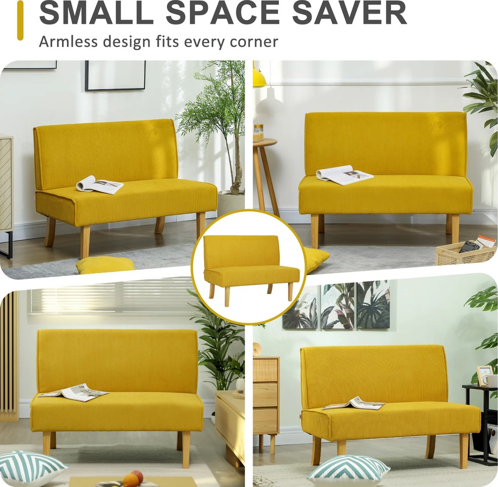HOMCOM Sofa dwuosobowa z pokryciem kordowym, grubą tapicerką i solidnymi nogami drewnianymi do salonu, sypialni, biura, Żółty