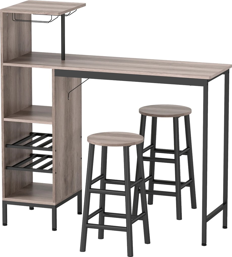 HOMCOM 3-częściowy zestaw barowy z półkami i hokerami, regał na wino, szary