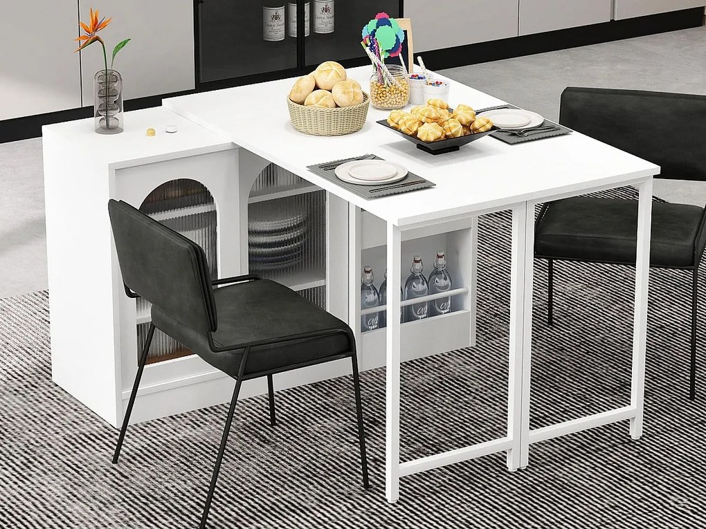 Wyspa kuchenna - z obrotowym, chowanym blatem - z przeszklonymi drzwiami i przestrzenią do przechowywania - MDF - Biały