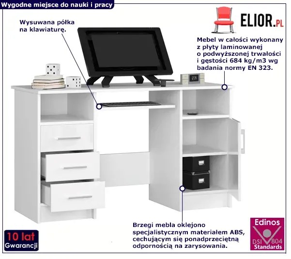 Białe duże biurko z szufladami połysk S8-B07