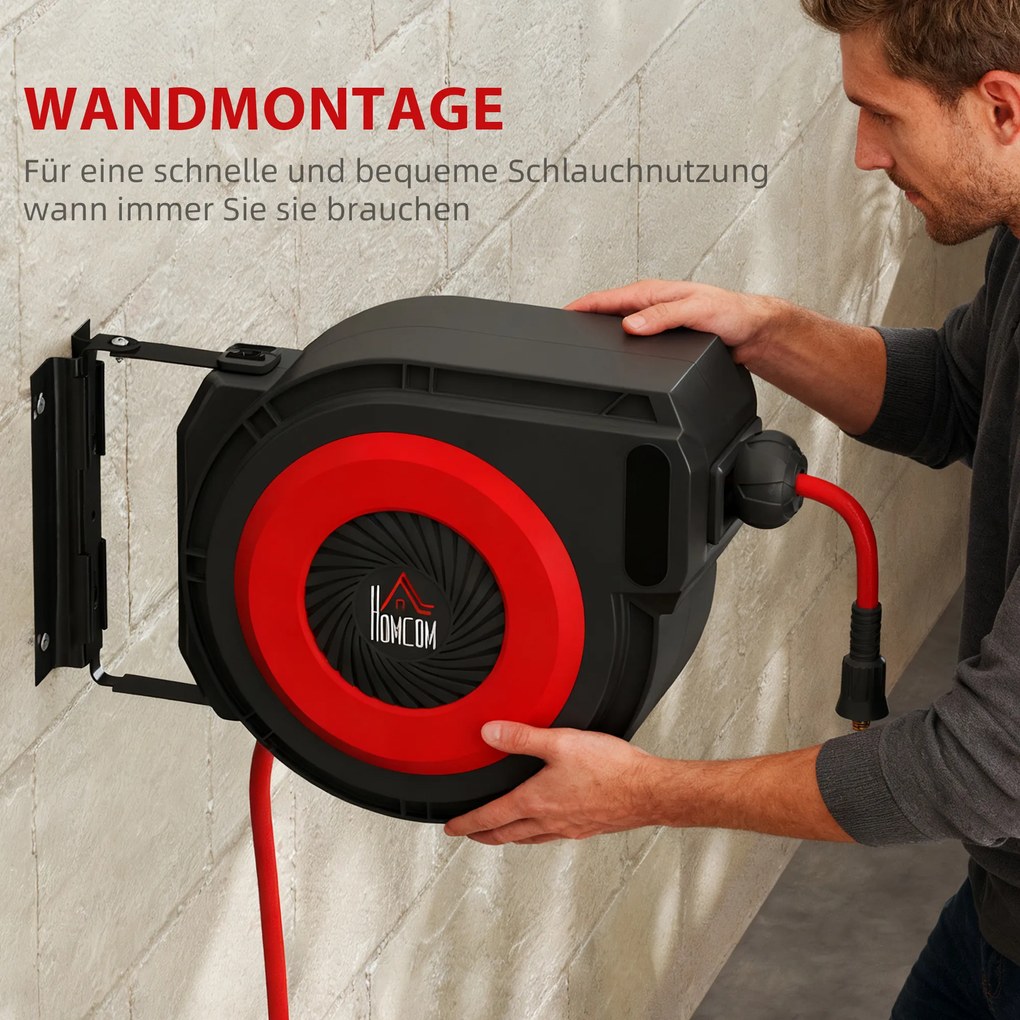 HOMCOM Bęben na wąż z mechanizmem zwijania, 16,5 m długi wąż, montaż ścienny, Czerwony+Czarny