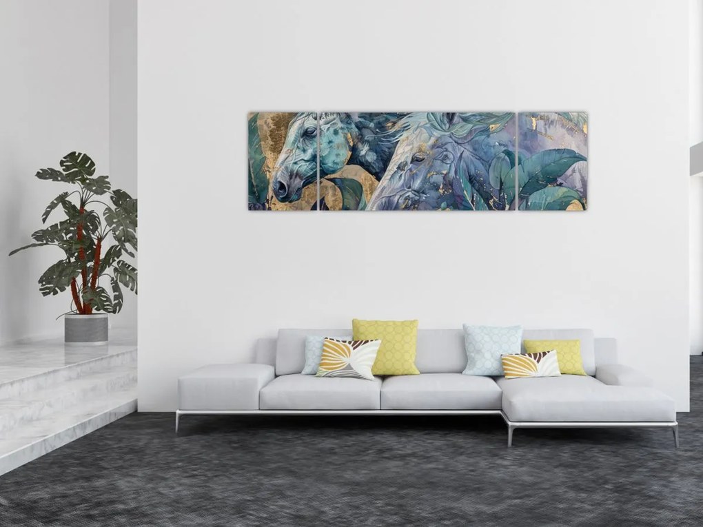 Obraz - Konie na złotym tle (170x50 cm)