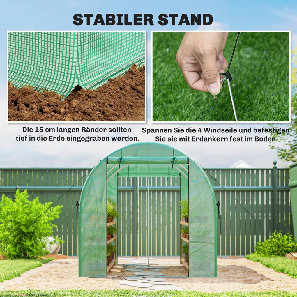 Outsunny Szklarnia 3 x 2 x 2 m tunel foliowy z rolowanymi drzwiami, 2 drzwi na zamek błyskawiczny i 6 siatkowych okien, pręty podpierające, zielony | Aosom PL