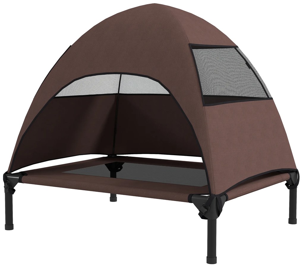 PawHut Leżanka dla Psów na Zewnątrz z Daszkiem, Podwyższone Łóżko dla Psów Średniej Wielkości, 76 x 61 x 71cm, Kawa