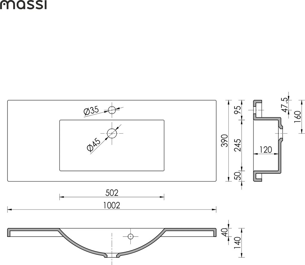 Umywalka wpuszczana w blat z konglomeratu WAVE 120 cm