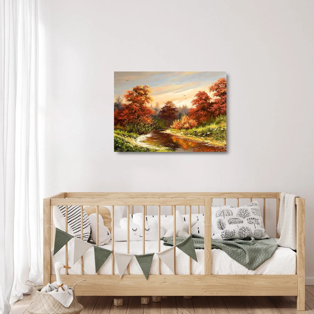 Obraz na szkle rzeki w jesiennym krajobrazie, obraz olejny (70x50 cm)