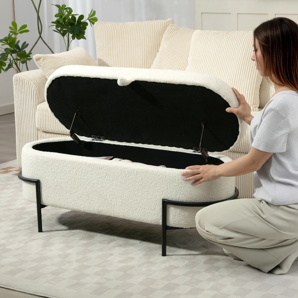 HOMCOM Pufa ze schowkiem, pufa z pokrywą i miejscem do przechowywania, metalowe nogi, pufa tapicerowana z pokryciem fleecowym, Kremowobiały