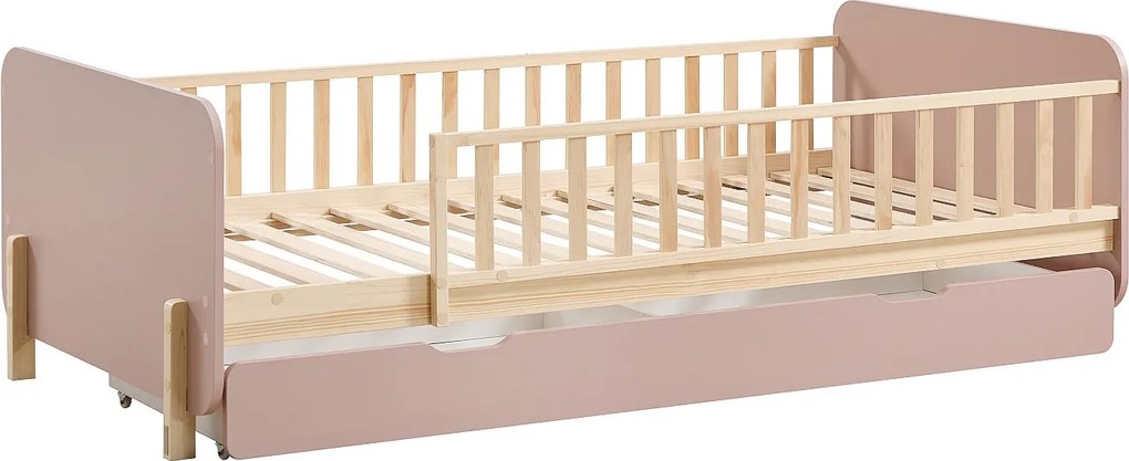 Łóżko 90 x 190 cm z szufladą - Sosna i MDF - Kolor: Naturalny i różowy - LADEMI