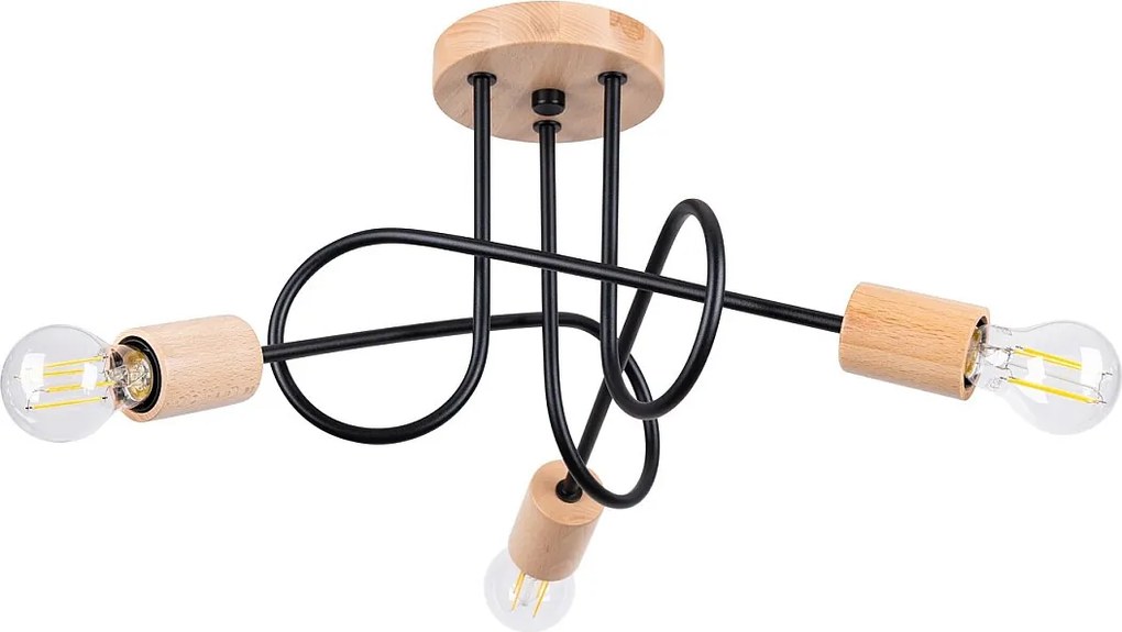 Żyrandol Minimalistyczny Ember, Stal/Drewno - 3 Źródło - L.14 X H.26 Cm - Czarny/Naturalne Drewno