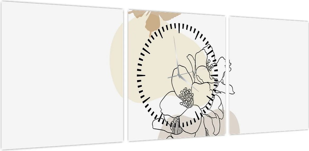 Obraz - Beżowe kwiaty z motylem N⁰3 (z zegarem) (90x30 cm)